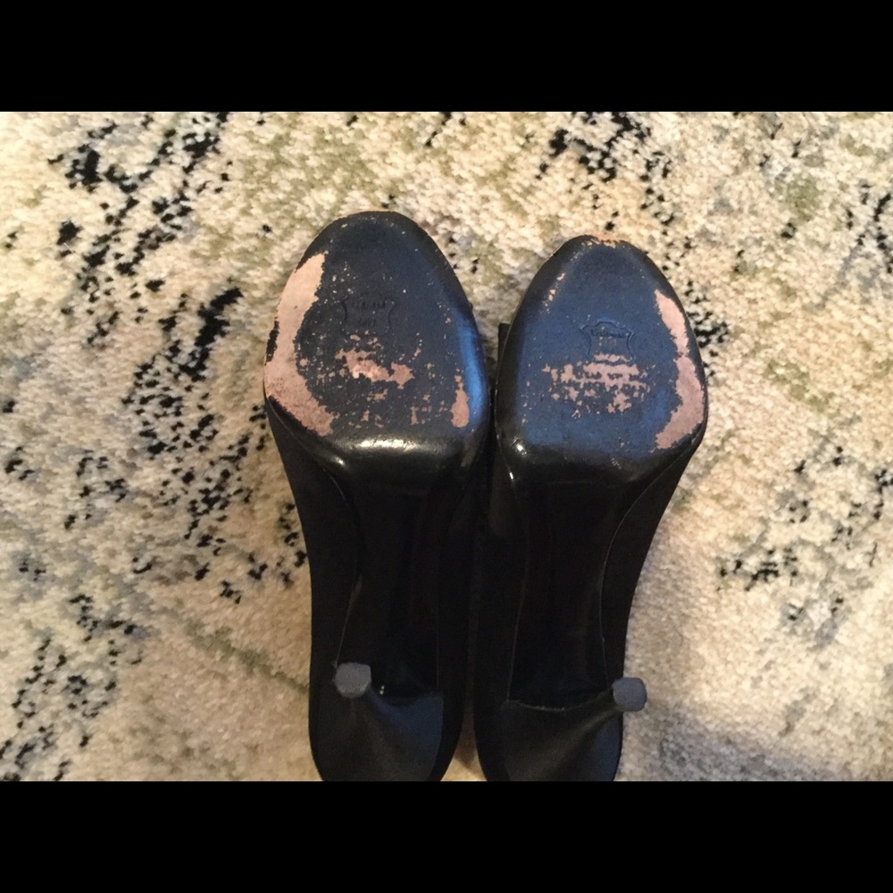 Stuart Weitzman Black Satin Peep Toe Heels - Picture 7 of 8